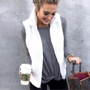 White faux fur women vest jacket zip front